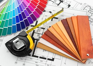 interior design. Architectural materials, measuring tools and blueprints. 3d