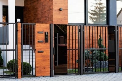 Modern house exterior with safety gate. Exterior of modern residential building.